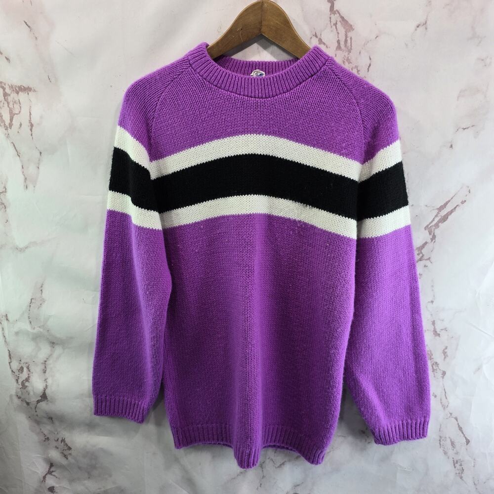 Vintage Sweater Womens Medium Purple Black Stripe Crew 70s 80s Orlon Acrylic
